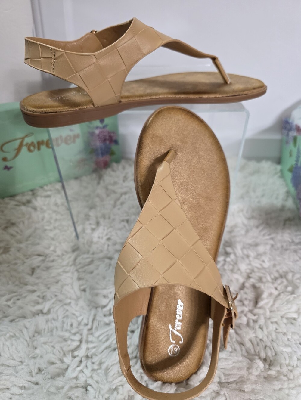 Forever Women's Tan Woven Thong Slingback Buckle Sandals Size: 8.5